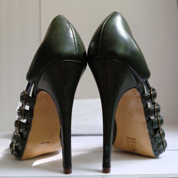 Y2K  Green Leather Multi Cut Out Buckle Accents Hidden Platform Stilettos Sz 7.5 - Picture 7 of 8